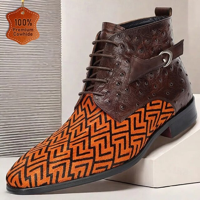 Men's Premium Cowhide Leather with Pony Hair Ankle Boots - Geometric Pattern Lace-Up Stylish Casual & Formal Shoes 10