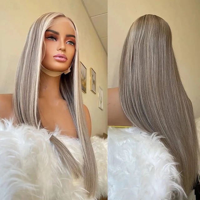  cabelo brasileiro remy cabelo virgem 13x4 peruca frontal de renda cabelo humano liso loiro acinzentado com mechas coloridas sem cola perucas de cabelo humano pré-arrancadas para mulheres