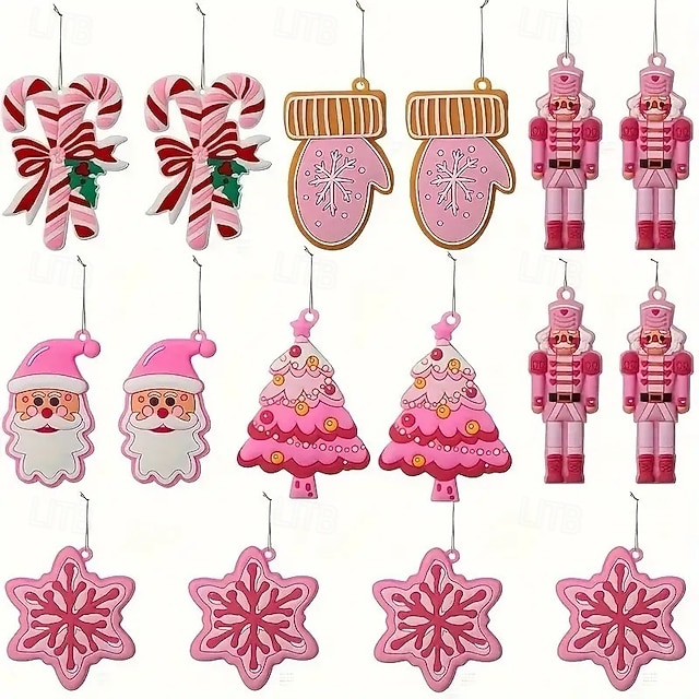  24ks vánočních růžových dřevěných ozdob, dekorace na vánoční stromeček - vintage růžový perník, palčáky, louskáček, santa, stromečky a sněhové vločky na Vánoce