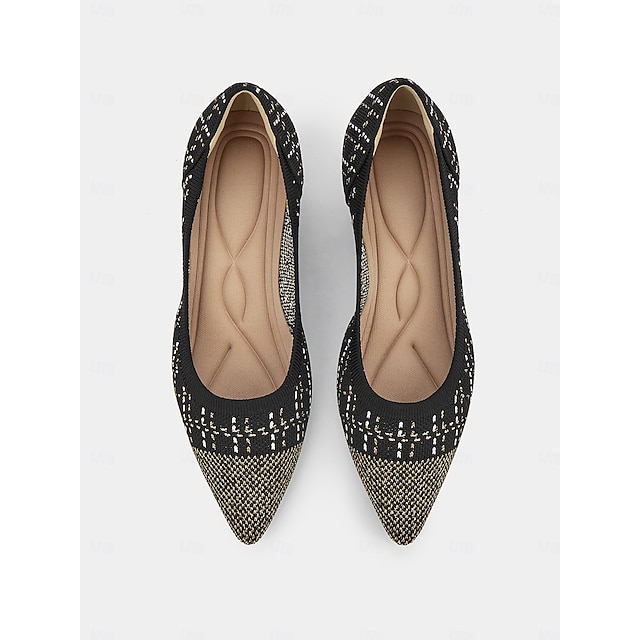  Women's Elegant Black Kitten Heels - Pointed Toe with Gold Thread Detailing, Comfortable and Stylish for Office and Evening Wear