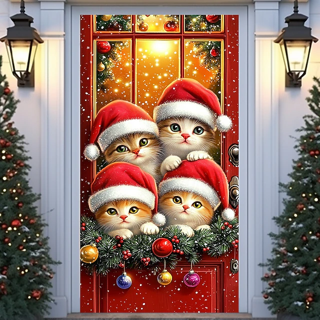 Christmas Door Decorations Door Covers Xmas Garland Ornaments Door Tapestry Door Curtain Decoration Backdrop Indoor/Outdoor Door Banner for Front Door Farmhouse Animal Cats 9