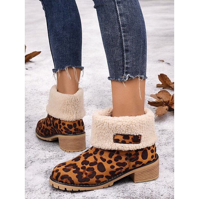  botas de inverno femininas com estampa de leopardo vermelho, forro de pele sintética e salto grosso – botas de neve quentes e elegantes