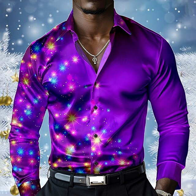 Christmas Men's Sparkly Glittery Christmas Light Shirt Dress Shirt Button Up Shirt Long Sleeve Fashion Casual Vacation Party Evening Wear New Year Eve Summer Spring Fall Collared Shirts 3D Print4