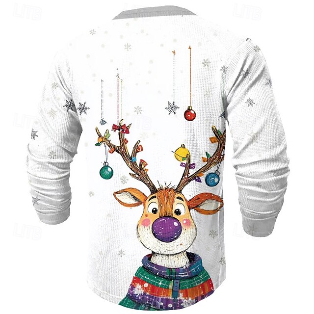 Christmas Tree Deer Fashion Daily Funny Men's Print Waffle Shirt Henley