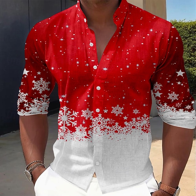 Christmas Snowflake Casual Men's Dress Shirt Button Up Shirt Long