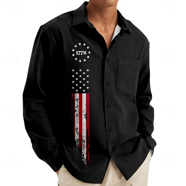 Men's American US Flag Patriotic Beach Shirt Button Up Shirt Long Sleeve Hawaiian Vacation Street Daily Fall Winter Spring & Summer Collared Shirts 3D Print Dark Red Black Light Brown Gray 7