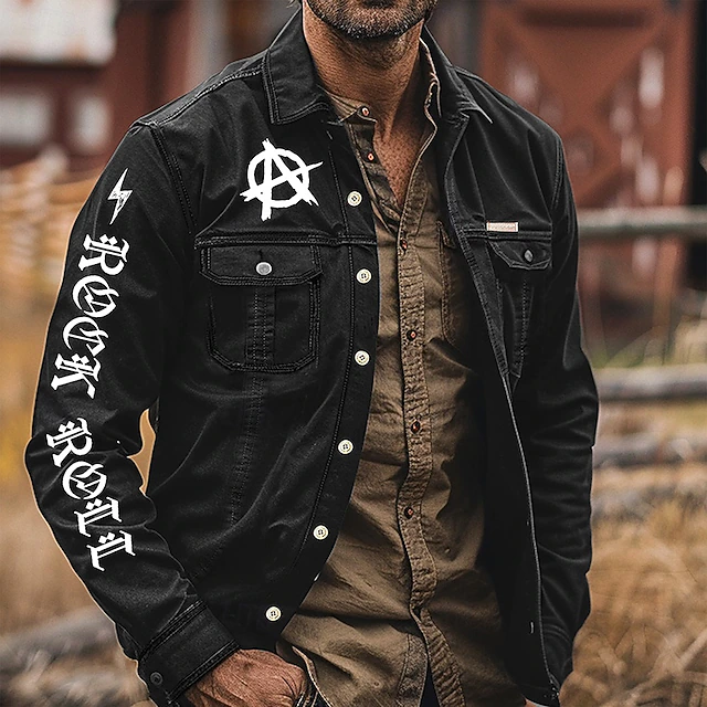 Men's Letter Printed Work Shirt Western Shirt Cargo Shirt Long Sleeve Casual Tactical Sports & Outdoor Going out Winter Spring & Fall Turndown Print Black 5