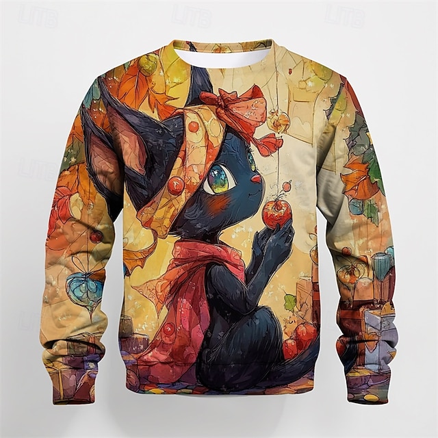  Pojkar 3D Grafisk Tecknat Katt T-shirt Långärmad Vår Höst Mode Grundläggande Barn 4-12 år Rund hals Utomhus Ledigt Dagligen Normal