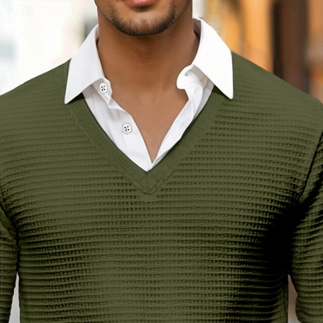 Men's Waffle Tshirt Tee Top Long Sleeve Shirt Solid Color Turndown