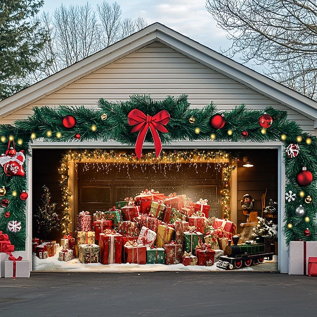 Christmas Door Decorations Outdoor Garage Door Cover Xmas Christmas Gifts Banner Farmhouse Large Christmas Backdrop for Holiday Outdoor Garage Door Home Wall Decorations 17