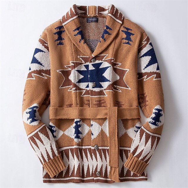 Men's Jacquard Sweater Cardigan Sweater Cropped  Sweater Ribbed Knit Regular Button Up Knitted Vintage Shawl Collar Fashion Classic Daily Wear Date Clothing Apparel Fall & Winter Brown M L XL4