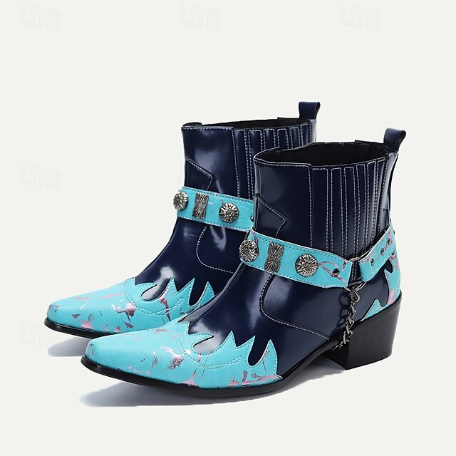 Men's Blue and Turquoise Leather Motorcycle Boots – Western Style Ankle Boots with Silver Buckle Detailing for Bold Fashion 10