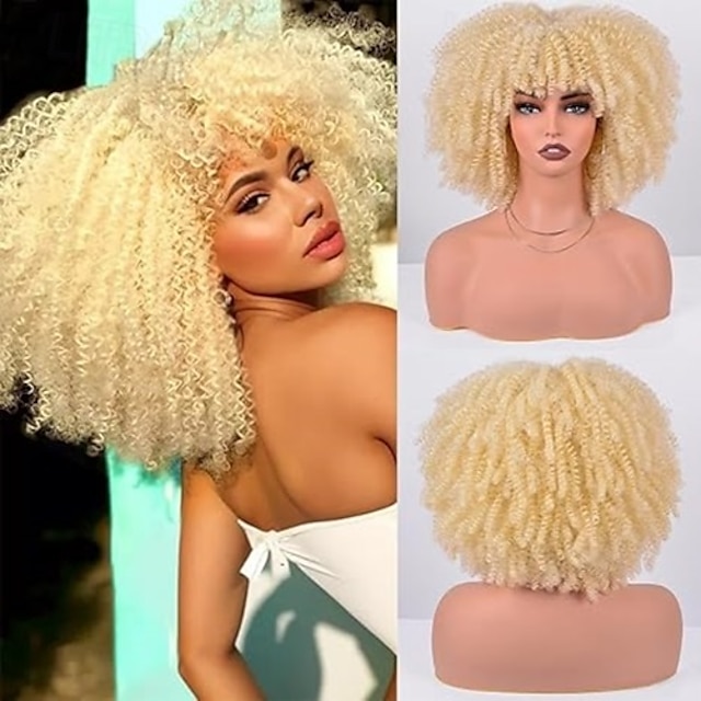  Kinky Curly Wig with Bangs Full Machine Made Scalp Top Wig Afro Kinky Curly Synthetic Hair Cosplay Wig  Christmas Party Wigs