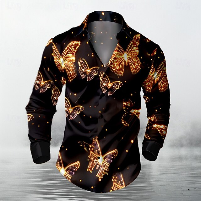 Men's Butterfly Satin Shirt Dress Shirt Button Up Shirt Long Sleeve Fashion Casual Vacation Party Evening Wear Dailywear Summer Spring Fall Collared Shirts 3D Print Black4