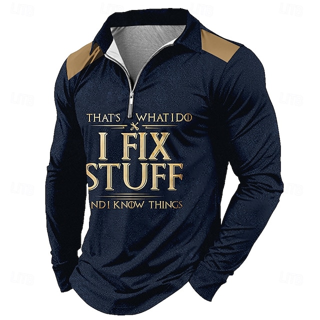  男の長袖クォータージップグラフィックTシャツ「私は物を修理し、物事を知っている」仕事のユーモアプリント、襟付き