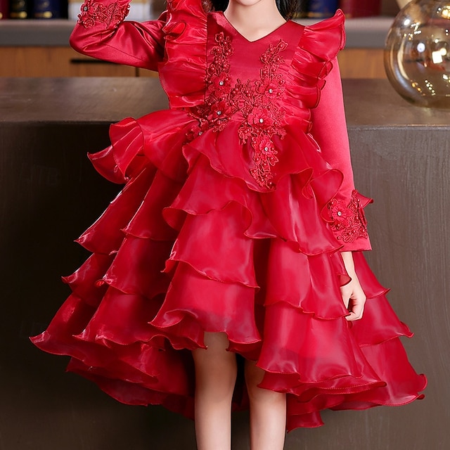  kinderkleidung Mädchen Party Kleid Blume Langarm Hochzeit Besondere Anlässe Patchwork Zip bezaubernd Süß Baumwolle Polyester Asymmetrisch abendkleider Sommer Frühling Herbst 4-13 Jahre Weiß Rosa Rote