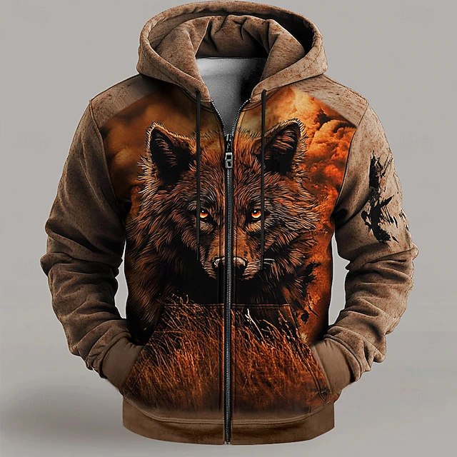 Men's Wolf Hoodies Fashion Cool Long Sleeve Hooded Vacation Going out Streetwear Brown Drawstring Zipper Fall Winter Designer4