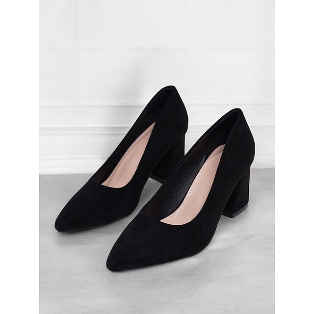 Women's Black Faux Suede Block Heel Pumps Classic Pointed Toe Heels