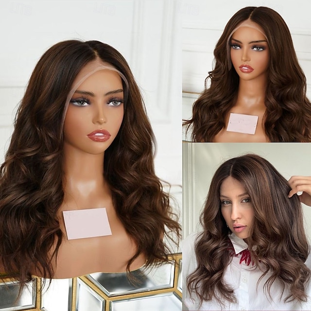  Perruque Cheveux vierges non transformés Fermeture 5x5 13x4 devant en dentelle Cheveux Brésiliens Ondulé Marron Partie libre Femme Densité 130% 150% avec des cheveux de bébé 100% vierge Sans colle