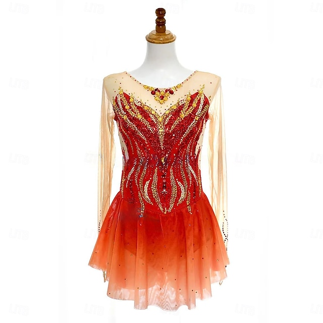  Eiskunstlaufkleid Damen Mädchen Eislaufen Kleid Rot Asymmetrischer Saum Netzstoff Hohe Elastizität Training Wettbewerb Eiskunstlaufkleidung Klassisch Kristall / Strass Langarm Eislaufen Eiskundstlauf