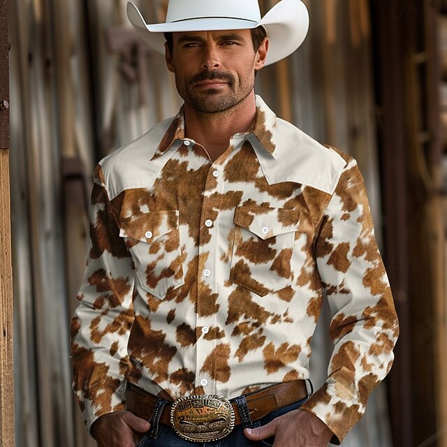 Men's Cowboy Western Shirt Button Up Shirt Cowboy Shirt Long Sleeve Vintage Western Outdoor Daily Holiday Spring Fall Winter Turndown Collared Shirts 3D Print Brown4