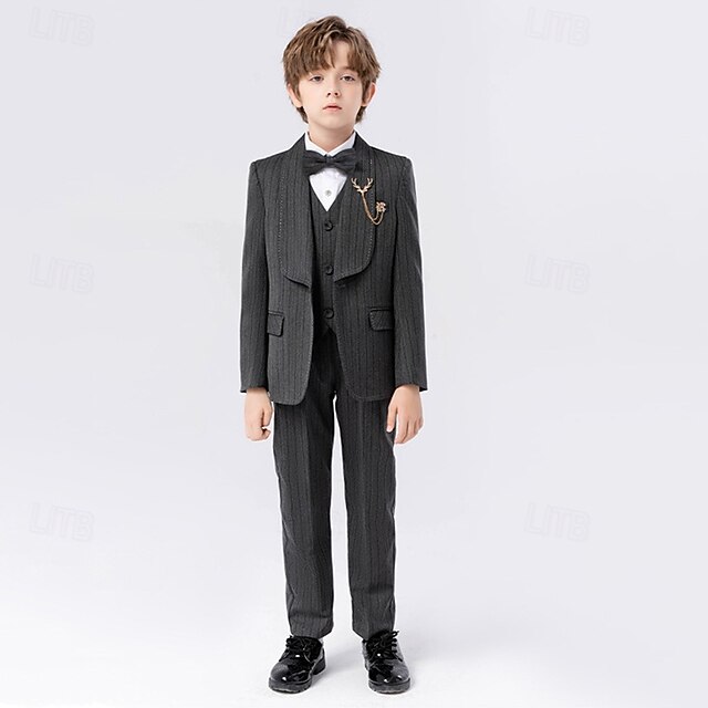  5 deler Ringbærerdress Gutt Barn Dress Formell drakt Blazer & vest & bukser & brosje & slips Formell Fest Valentines Mote Kul Stripe Lomme Kakifarget Mørkegrå Polyester