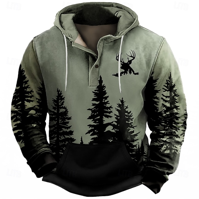  Voor heren Woud Hert Trui met capuchon Sweatshirt Cowboy Casual Lange mouw Capuchon Buitensporten Streetwear Lichtbruin Bruin Zak 3D-afdrukken Herfst Winter Ontwerper