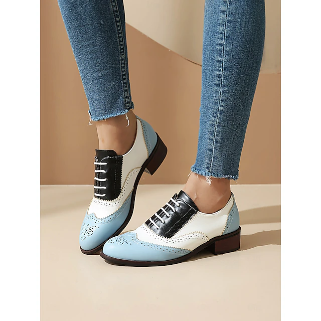 Women's Tri-Color Brogue Oxford Shoes with Wingtip Design and Low Heel - Vintage Formal Footwear for Office and Special Occasions 22