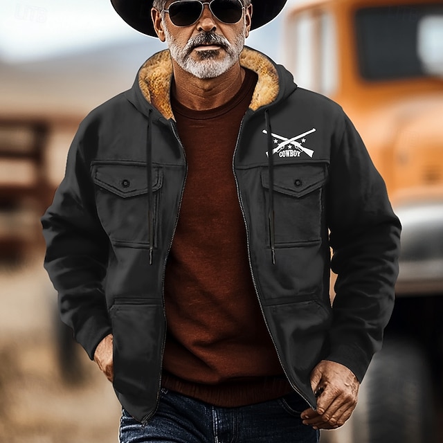  Men's Cowboy Fleece Hoodies Fashion Cool Long Sleeve Hooded Holiday Streetwear Black Brown Zipper Pocket Fall Winter Designer
