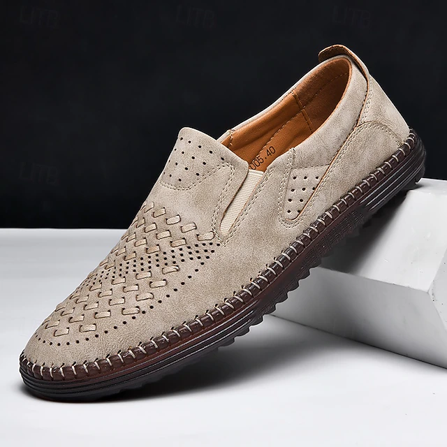 Men's Breathable Slip-On Loafers - Perforated Faux Suede Casual Shoes with Woven Detailing and Anti-Slip Sole 25