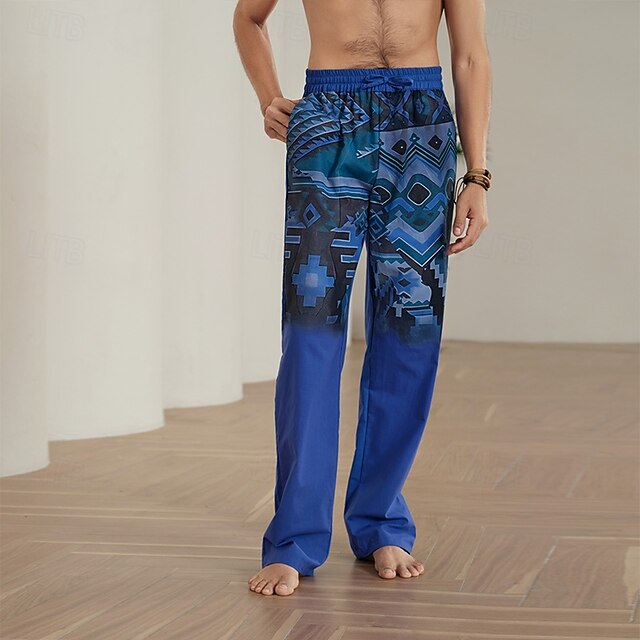 Men's Geometic Ethnic Linen Pants Beach Pants Mid Waist Streetwear Hawaiian Designer Casual Daily Holiday Drawstring Elastic Waist 3D Print Spring & Summer 3D Print Yellow Blue Green 14