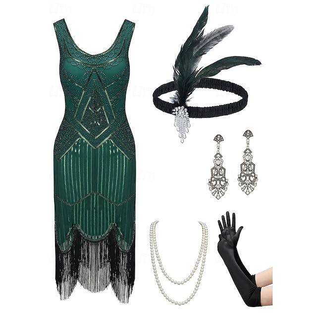  1920-as évek Koktélruha Vintage ruha Déli Flapper ruha Felszerelések Koktélruha A nagy Gatsby Flapper lány Esküvői Vendég Flitter Toll Rojt Női Farsangi jelmez 7 db Karácsony Mindszentek napja Farsang
