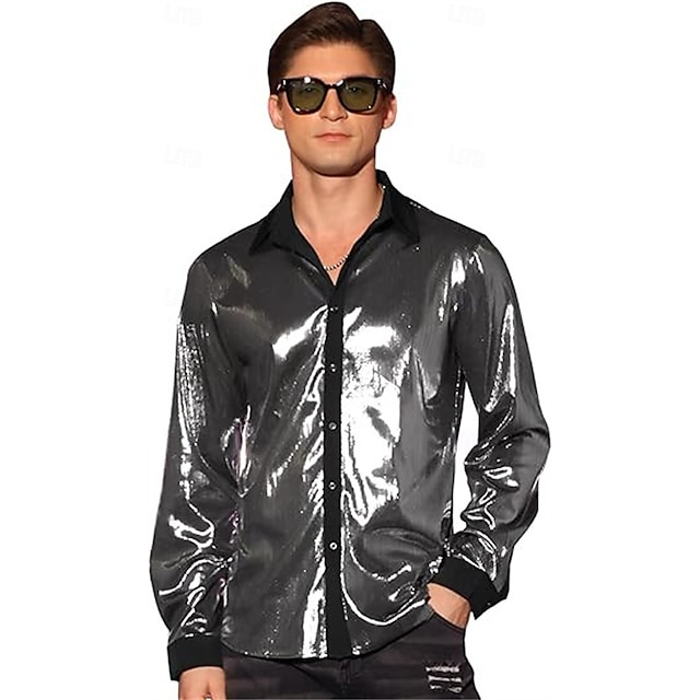  Retro Vintage 1970s 1980s Shirt Disco Shiny Metallic Men's Carnival Costume Halloween Carnival Performance Party Club Adults' Shirt