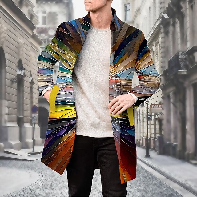 Men's Tree Glass Winter Coat Fleece Jacket Overcoat Thermal Comfortable Artistic Casual Outdoor Street Daily Wear 3D Print Buttons Front Pocket Winter Turndown Long Sleeve Rainbow4