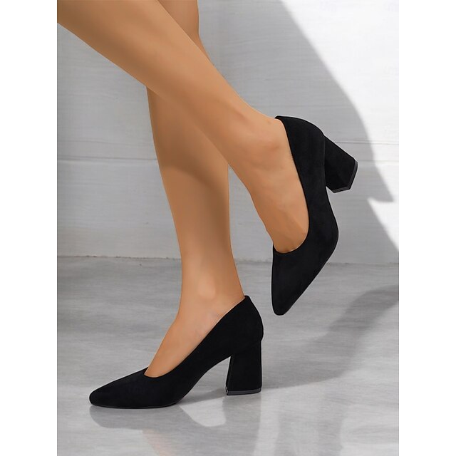Women's Black Faux Suede Block Heel Pumps Classic Pointed Toe Heels