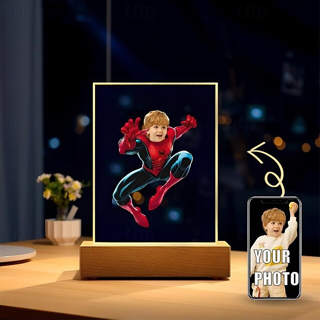  luz noturna usb personalizada com foto, luz noturna personalizada com rosto de criança de super-herói, luz noturna acrílica, decoração de natal, presentes para fãs de super-heróis
