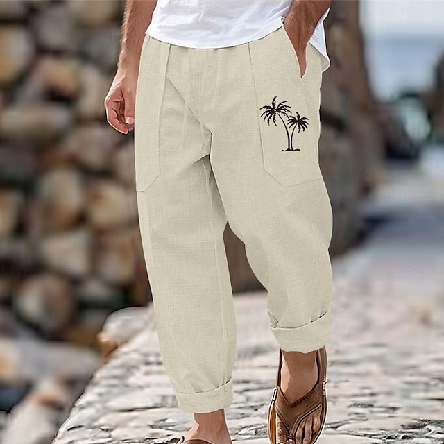  Herren Leinenhose Hose Hosen Sommerhosen Kordelzug Elastische Taille Gerade geschnitten Kokosnussbaum Komfort Atmungsaktiv In voller Länge Outdoor Casual Täglich Modisch Retro Vintage Schwarz Weiß