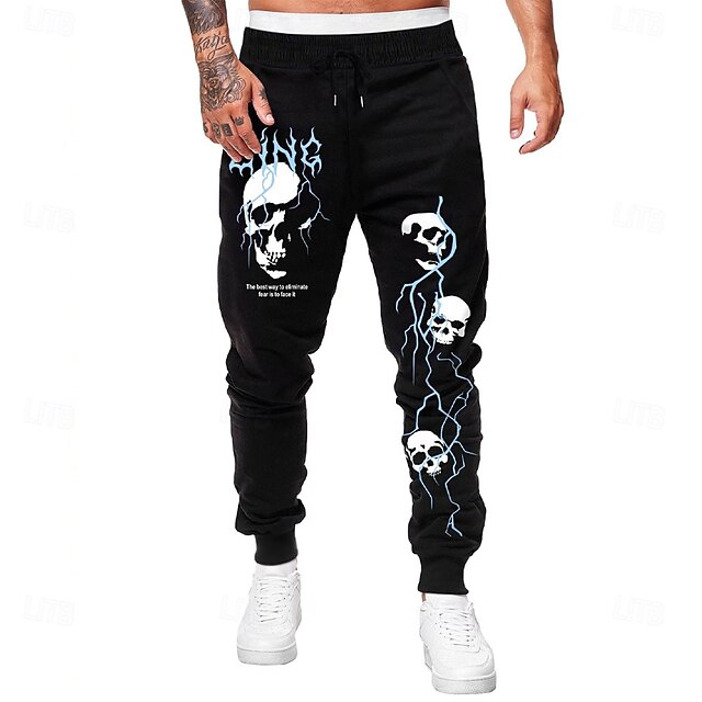 Men's Lightning Skulls Sweatpants Joggers Pants Trousers Mid Waist Drawstring Elastic Waist Fashion Dark Outdoor Street Dailywear Pocket Spring Fall Winter 3D Print Black4