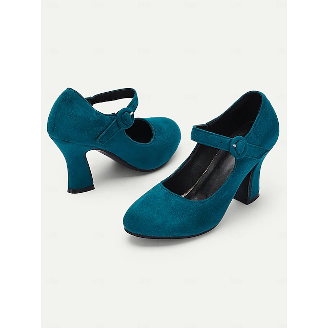Women's Teal Suede Mary Jane Heels with Buckle Strap – Retro High Heel Pumps for Parties and Formal Events 15