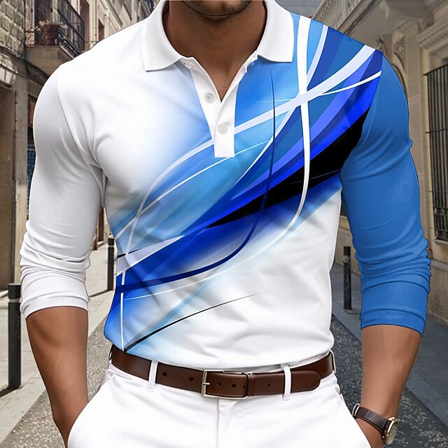 Men's Striped Polo Shirts Golf Polos Shirts Long Sleeve Polo Shirts Collar Business Casual Party Evening Wear Dailywear Buttons 3D Print Spring Fall Winter Blue4