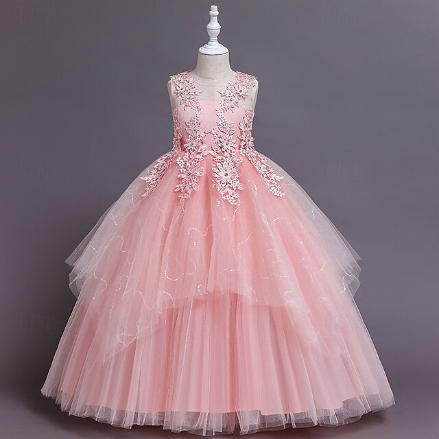  Robe de Demoiselle d'Honneur Fille enfants Fille Robe de princesse Utilisation Mariage Soirée Elégant Magnifique Maille Couleur unie Sans Manches Col Ras du Cou Blanche Rose Claire 4 ans et +