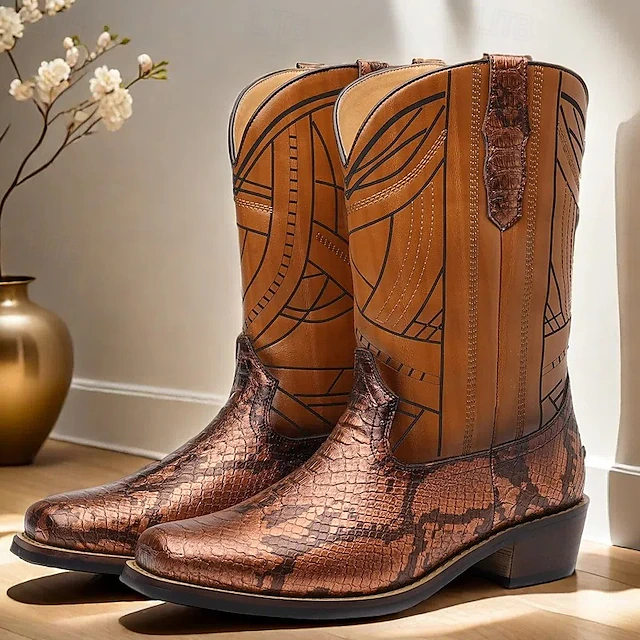 Men's Western Cowboy Boots with Snakeskin Print and Intricate Faux Leather Design – Stylish and Durable Footwear for Rodeo and Country Events 10