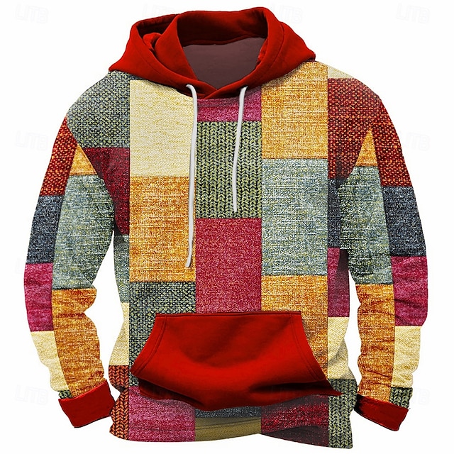  Homens Xadrez Moletons Moletom Casacos Moletom com capuz Gola Redonda Moda Impressão 3D Festa Feriado Streetwear Vermelho Azul Com Cordão Outono Inverno Designer