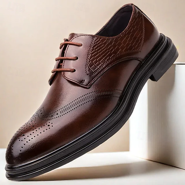 Men's Brown Oxford Dress Shoes with Embossed Pattern and Brogue Detailing – Formal Business Footwear with Comfortable Sole 25