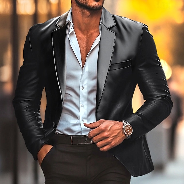  Men's Blazer Sport Coat Office Work Street Pocket Fashion Casual Spring &  Fall Polyester Faux Leather Plain Pocket Casual / Daily Single Breasted Blazer Black