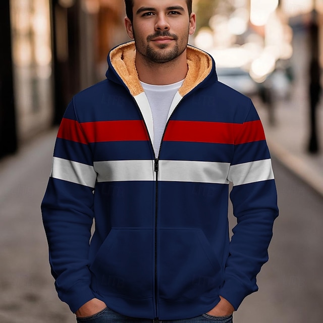  Homens Bloco de cor Tosão Moletons Moletom Moletom com capuz Com Capuz Moda Impressão 3D Feriado Streetwear Preto Azul Zíper Bolsos Outono Inverno Designer