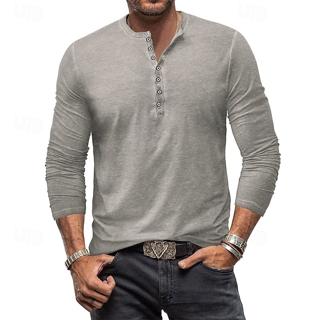  Bărbați Cămașă Henley Tee Top Tricou cu maneca lunga Simplu Henley Stradă Vacanță Manșon Lung Îmbrăcăminte 100% Bumbac Epocă Modă De Bază