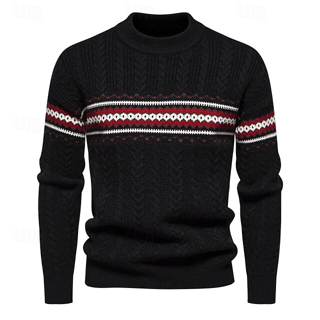  Herren Pullover Strickpullover Pullover mit Fair-Isle-Muster Gerippt Gedrehtes Stricken Standard Strick Farbblock Rundhalsausschnitt Modisch Basic Freizeitskleidung Verabredung Bekleidung Herbst