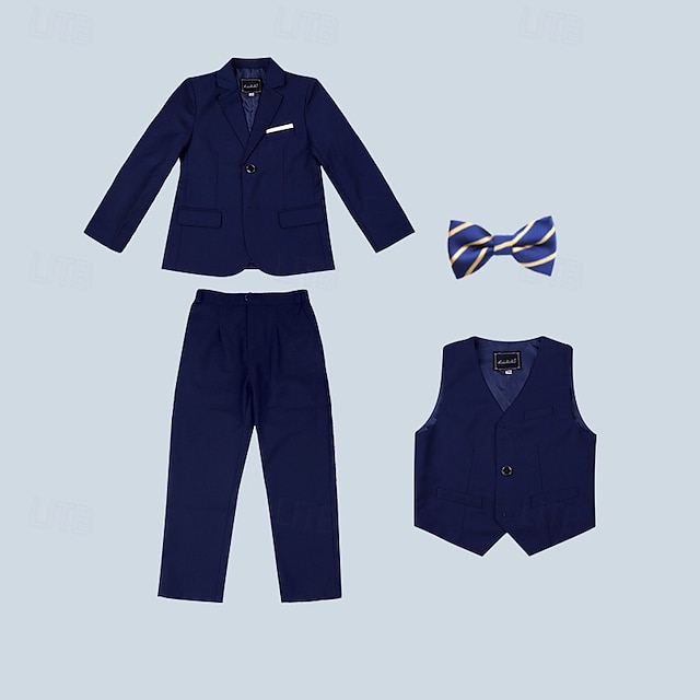  4 Dele Jakkesæt til ringbæreren Drenge Børn Jakkesæt Formel dragt Blazer & Vest & Bukser & Slips Formel Fest Valentinsdage Mode Sej Helfarve Lomme Sort Navyblå Polyester