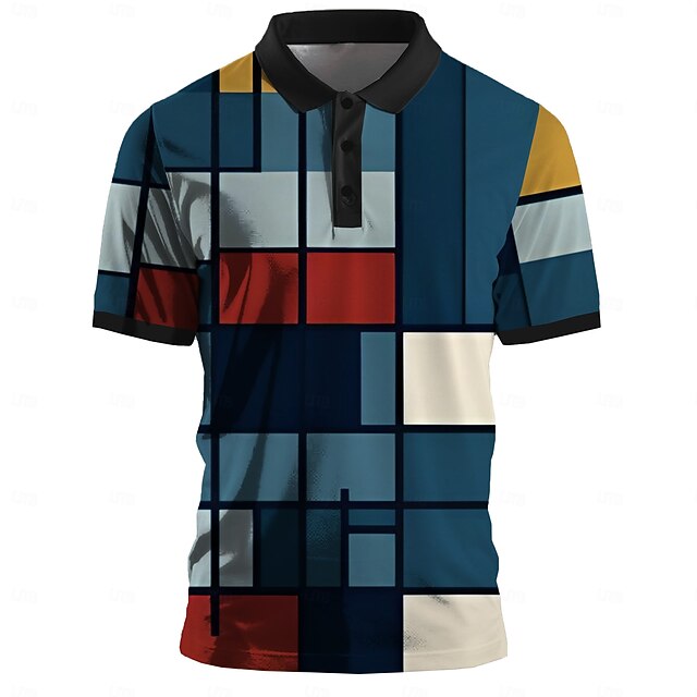 Men's Plaid Polo Shirts Golf Polos Shirts Short Sleeve Polo Shirts Collar Vintage Casual Vacation Party Evening Wear Dailywear Buttons 3D Print Summer Blue4
